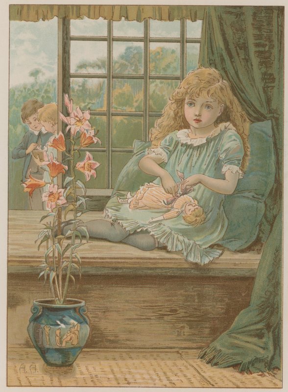 Illustration som visar en ung flicka som sitter i en fönsterplats av English School