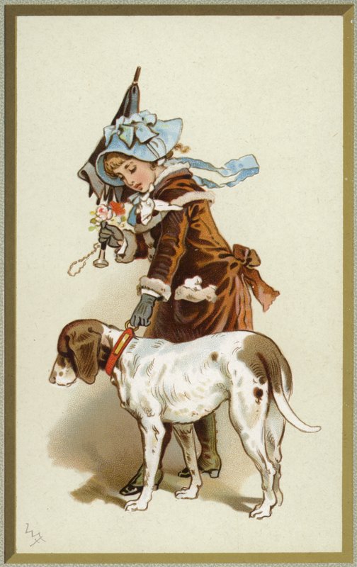 Illustration som visar en ung flicka som går med en hund av English School