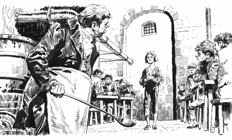 Illustration för Oliver Twist av Charles Dickens (penna och bläck) av English School