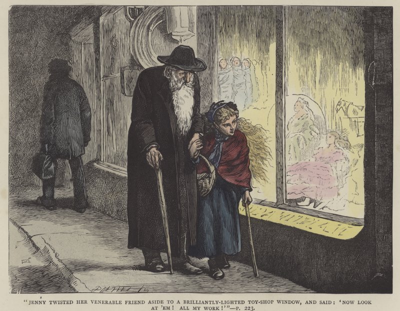 Illustration för vår gemensamma vän (färgad gravyr) av English School