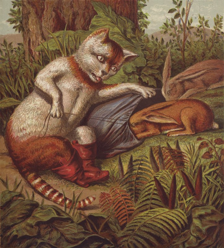 Illustration för Puss in Boots (färg litho) av English School