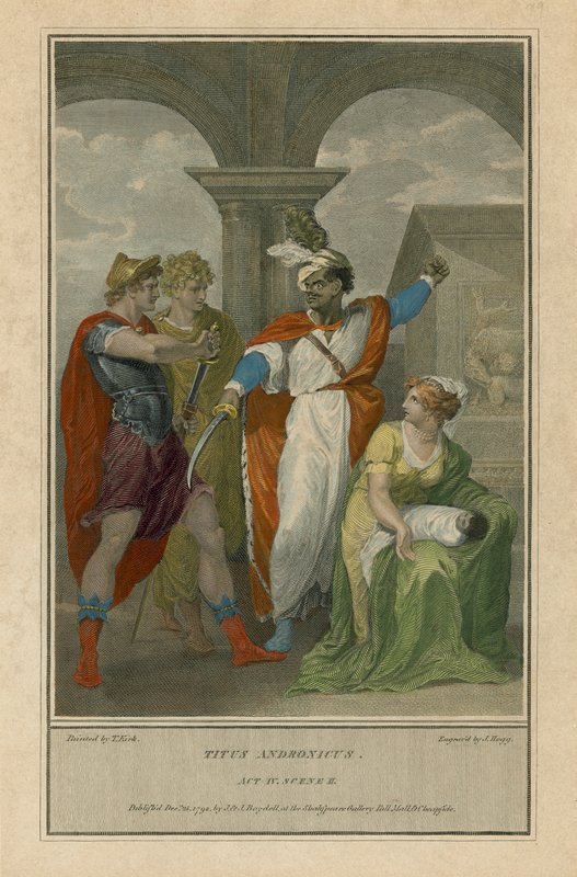 Illustration till Shakespeares Titus Andronicus, akt IV, scen 2 (färgad gravyr) av English School