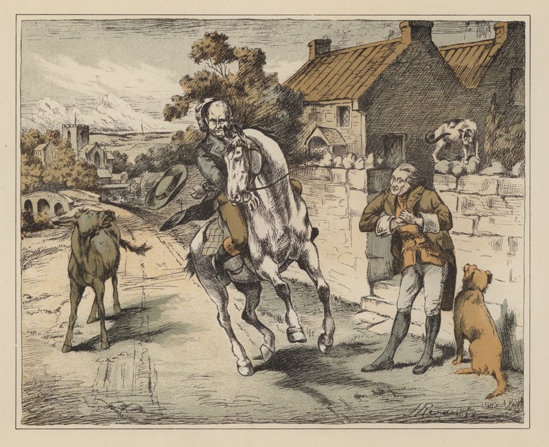 Illustration till The Diverting History of John Gilpin av William Cowper (färglitografi) av English School