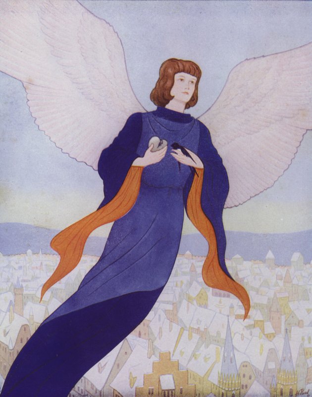 Illustration till The Happy Prince av Oscar Wilde (färglitografi) av English School