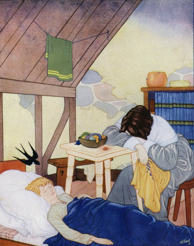 Illustration till The Happy Prince av Oscar Wilde (färglitografi) av English School