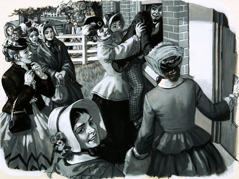 1848 organiserade Elizabeth Cady Stanton ett suffragettmöte i New York (gouache på papper) av English School