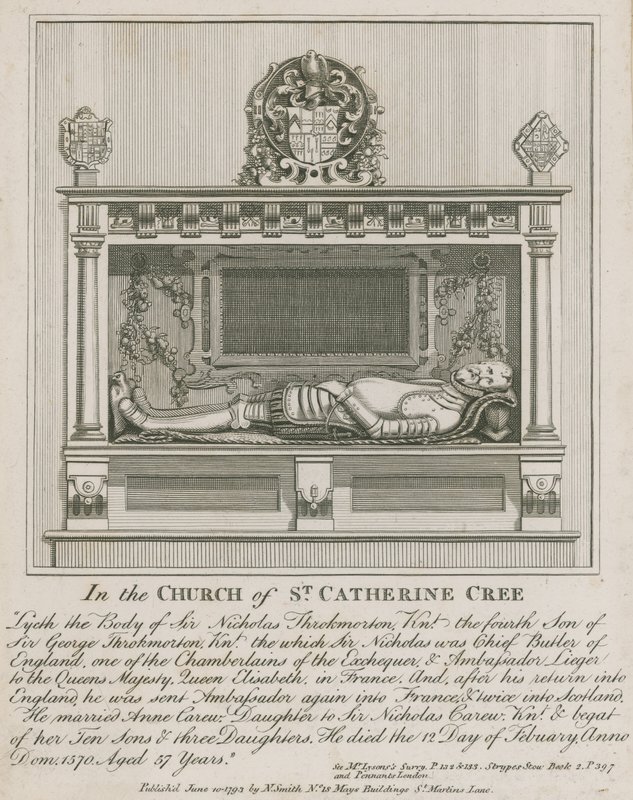 I kyrkan St Catherine Cree ligger kroppen av Sir Nicholas Throkmorton av English School