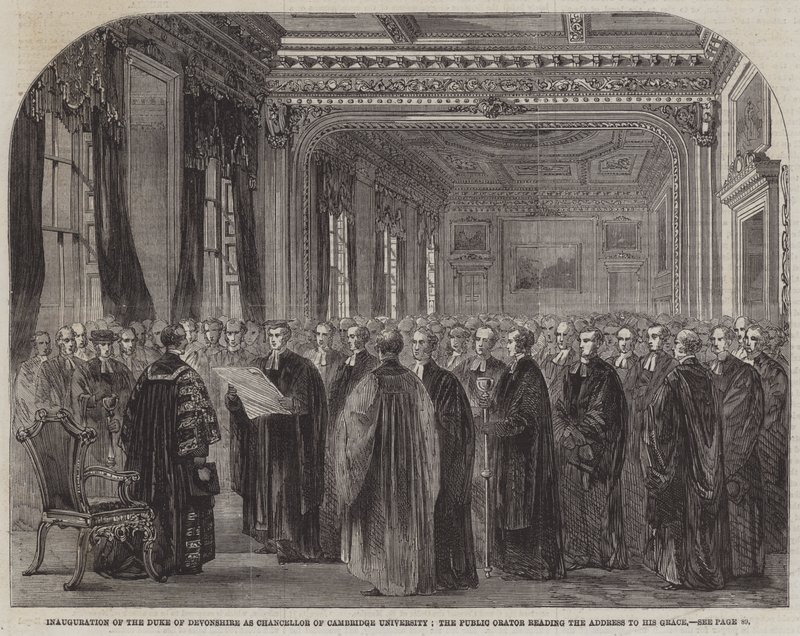 Invigning av hertigen av Devonshire som kansler vid Cambridge University, den offentliga talaren som läser Address to His Grace (gravyr) av English School