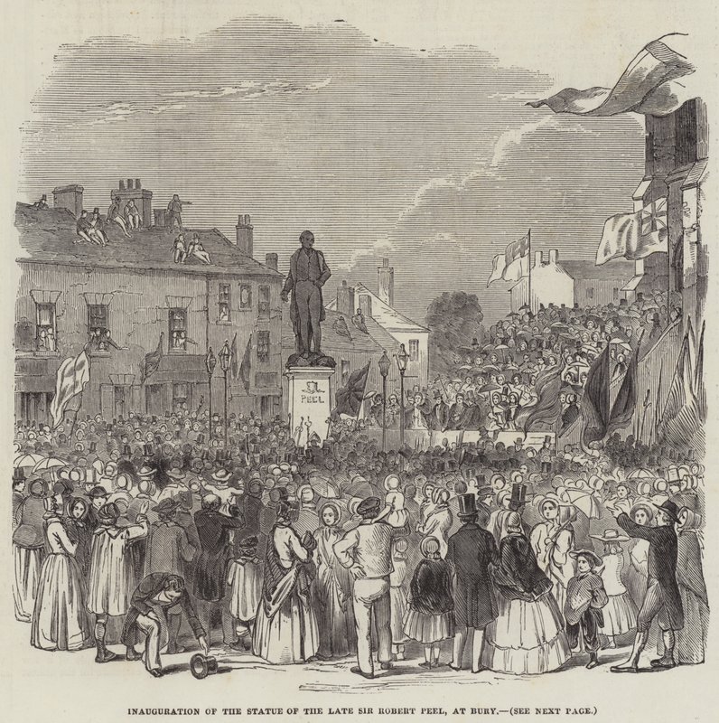 Invigning av statyn av framlidne Sir Robert Peel, vid Bury (gravyr) av English School