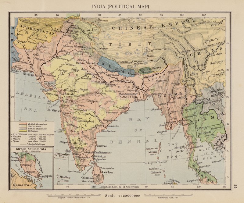 Indien, politisk karta (färglitografi) av English School