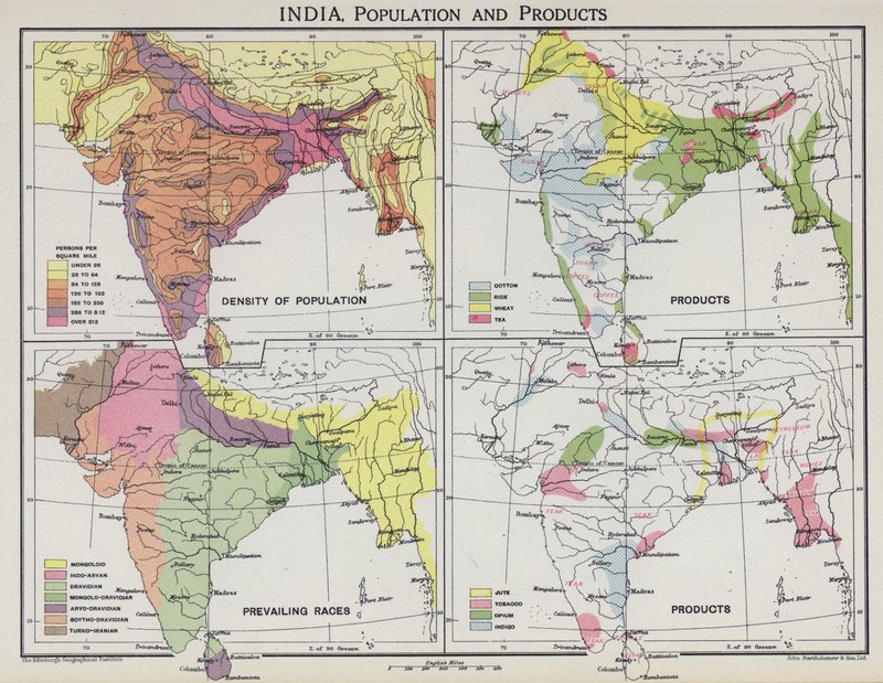 Indien, befolkning och produkter (färg litho) av English School