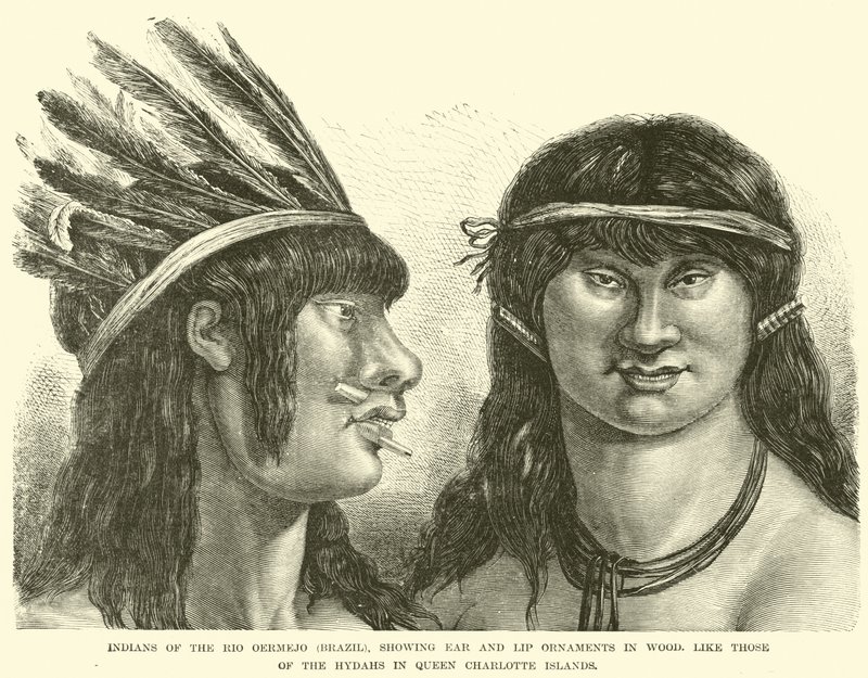 Indianer från Rio Oermejo (Brasilien), som visar öron- och läppprydnader i trä, som de från Hydahs på Queen Charlotte Islands av English School