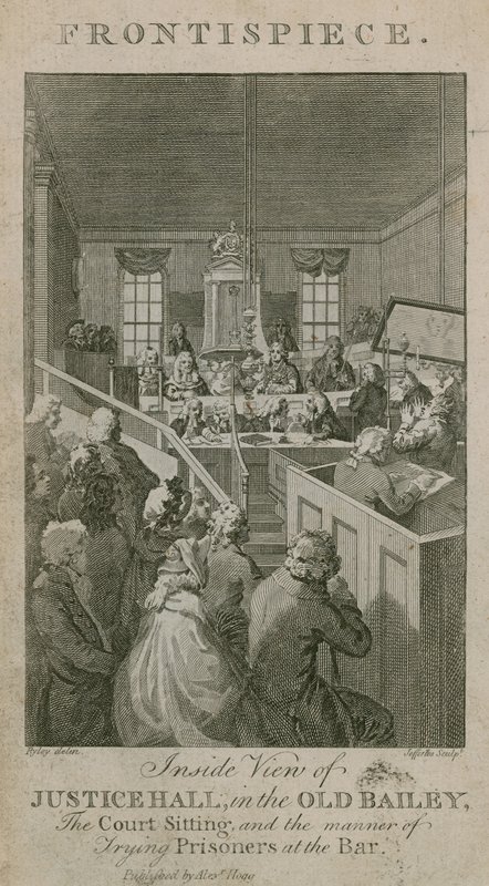 Inneifrån av Justice Hall i Old Bailey, domstolens sammanträde och sättet att döma fångar i baren av English School