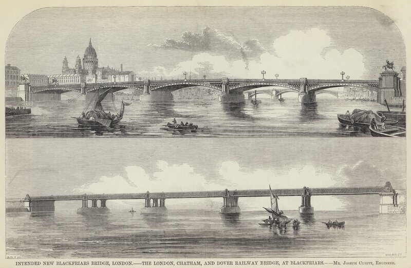 Avsedd New Blackfriars Bridge, London, London, Chatham och Dover Railway Bridge, vid Blackfriars (gravyr) av English School