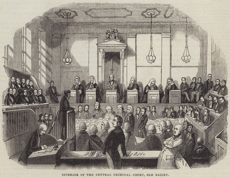 Interiör av Central Criminal Court, Old Bailey (gravyr) av English School