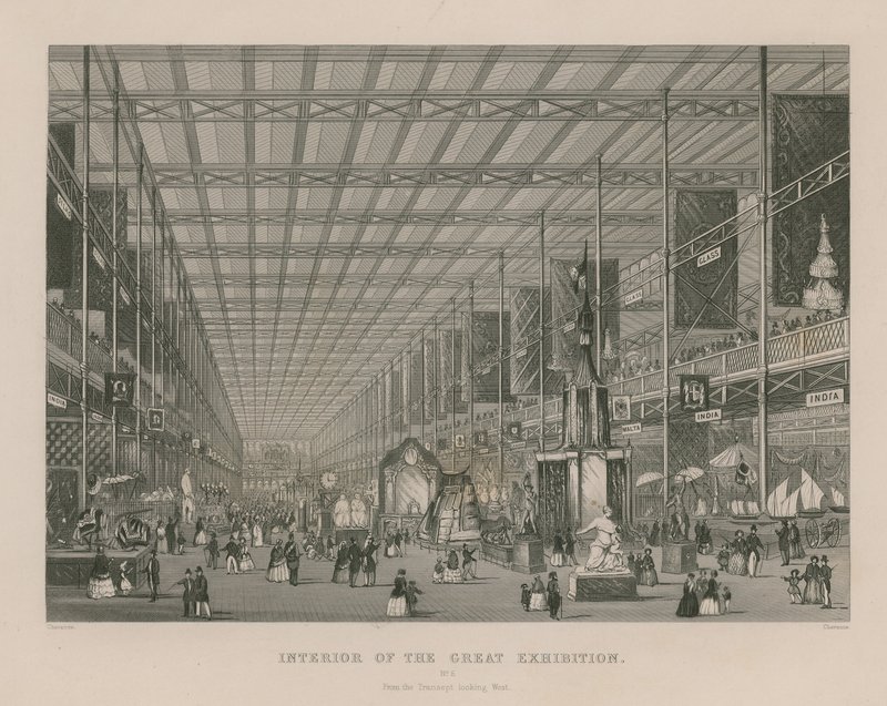 Interiören av den stora utställningen, 1851, från tvärskeppet blickande västerut av English School