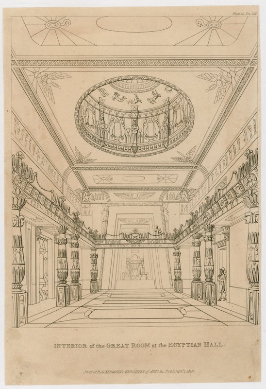 Interiör av det stora rummet i Egyptian Hall, Piccadilly av English School
