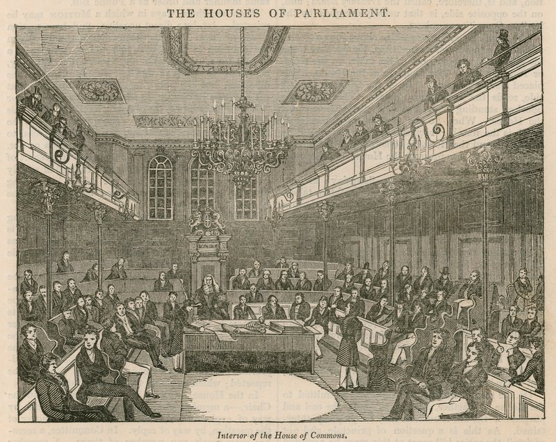 Interiör av House of Commons, Westminster, London av English School