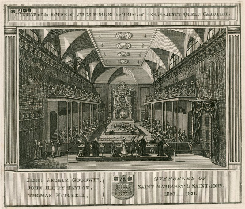 Interiören av House of Lords under rättegången mot Hennes Majestät Drottning Caroline av English School