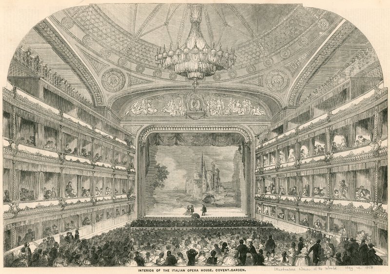 Interiör av det italienska operahuset, Covent Garden, London av English School