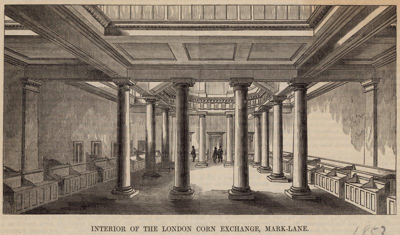 Interiör av London Corn Exchange, Mark Lane av English School