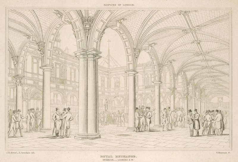 Interiör av Royal Exchange, London, med utsikt mot sydväst av English School