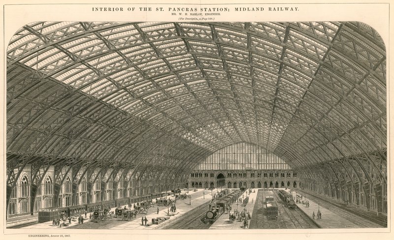 Interiör av St Pancras Railway Station - Midland Railway av English School
