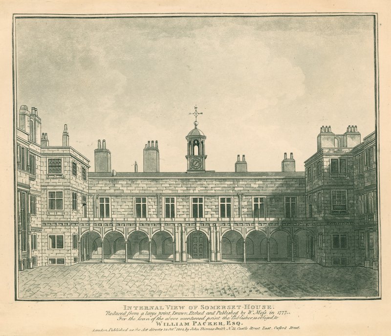 Invändig vy Somerset House, The Strand, London; baserat på ett tryck ritat av W Moss 1777 av English School