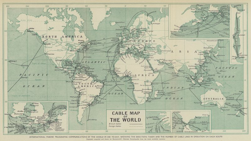Internationell marin telegrafisk kommunikation i världen som används idag, som visar riktningarna och antalet kabellinjer i drift i varje rutt (litho) av English School