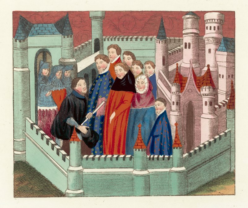 Intervju mellan hertigen av Lancaster och kung Richard II (färgad gravyr) av English School