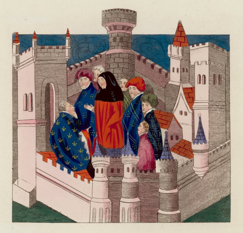 Intervju mellan Earl of Northumberland och kung Richard II (färgad gravyr) av English School
