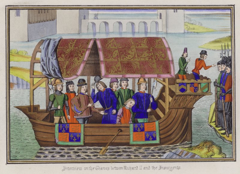 Intervju på Themsen mellan kung Richard II och upprorsmakarna (färgad gravyr) av English School