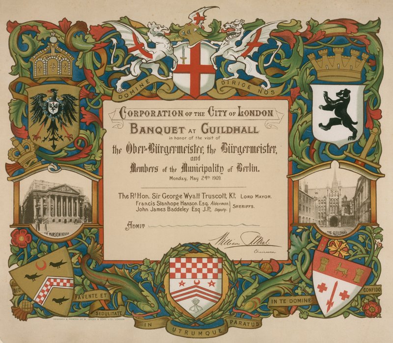 Inbjudan från Corporation of London till en bankett i Guildhall, 24 maj 1909 av English School
