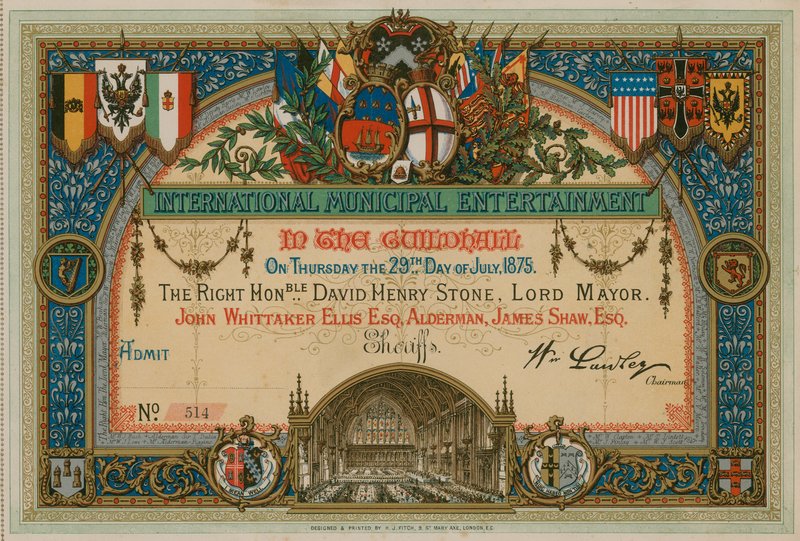 Inbjudan till International Municipal Entertainment i Guildhall, London, den 29 juli 1875 av English School