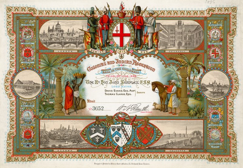 Inbjudan till en kolonial och indisk mottagning i Guildhall, London, den 25 juni 1886 av English School