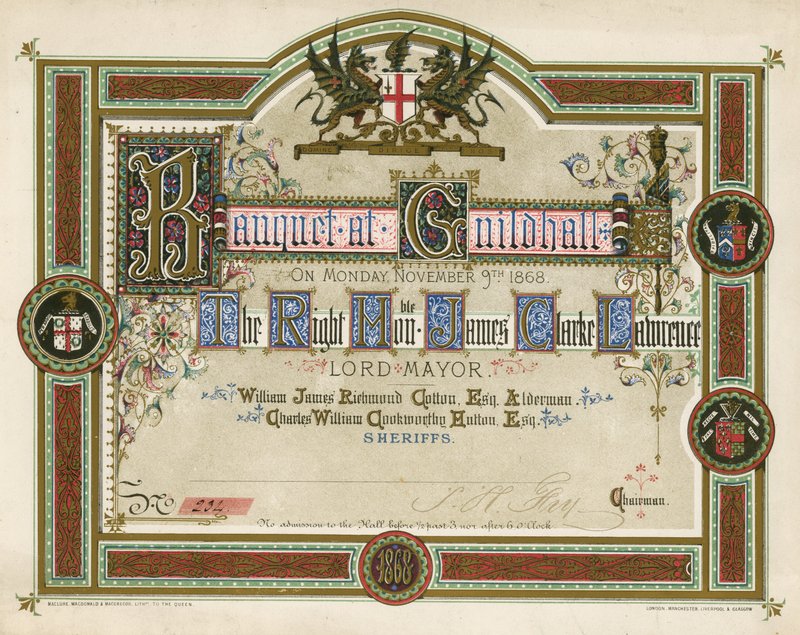 Inbjudan till en bankett i Guildhall, London, den 9 november 1868 av English School