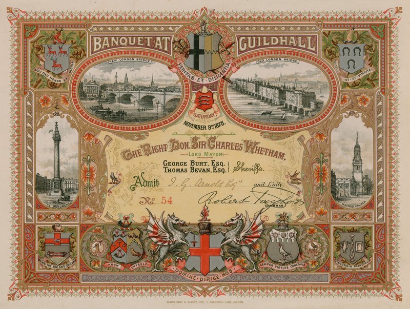 Inbjudan till en bankett i Guildhall, London, den 9 november 1878 av English School