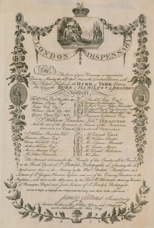 Inbjudan till en middag som hölls av London Dispensary på London Tavern, 16 april 1804 av English School