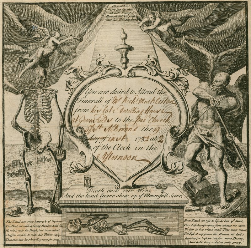 Inbjudan att närvara vid begravningen av herr Richard Mackleston 1732 av English School