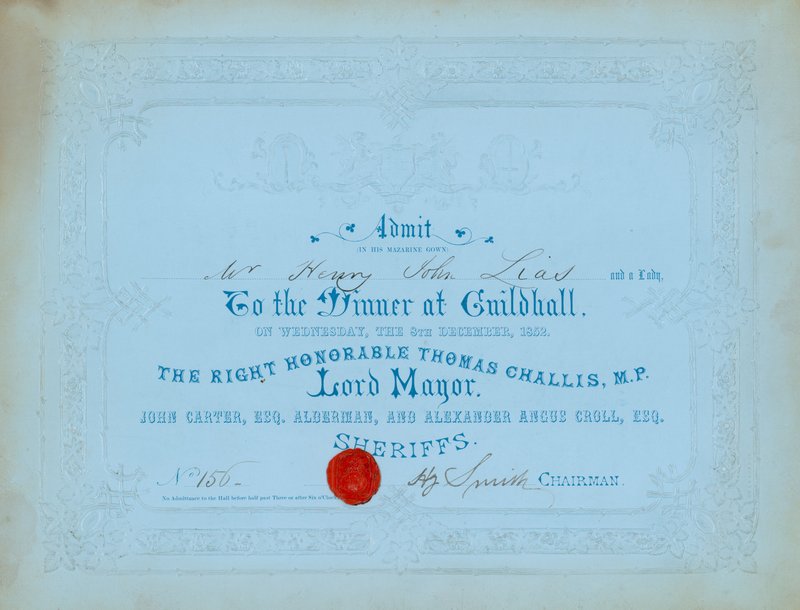 Inbjudan till middag i Guildhall, London, den 8 december 1852 av English School