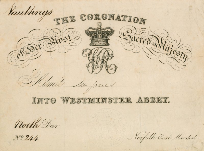Inbjudan till kröningen av Hennes Heligaste Majestät i Westminster Abbey, 28 juni 1838 av English School