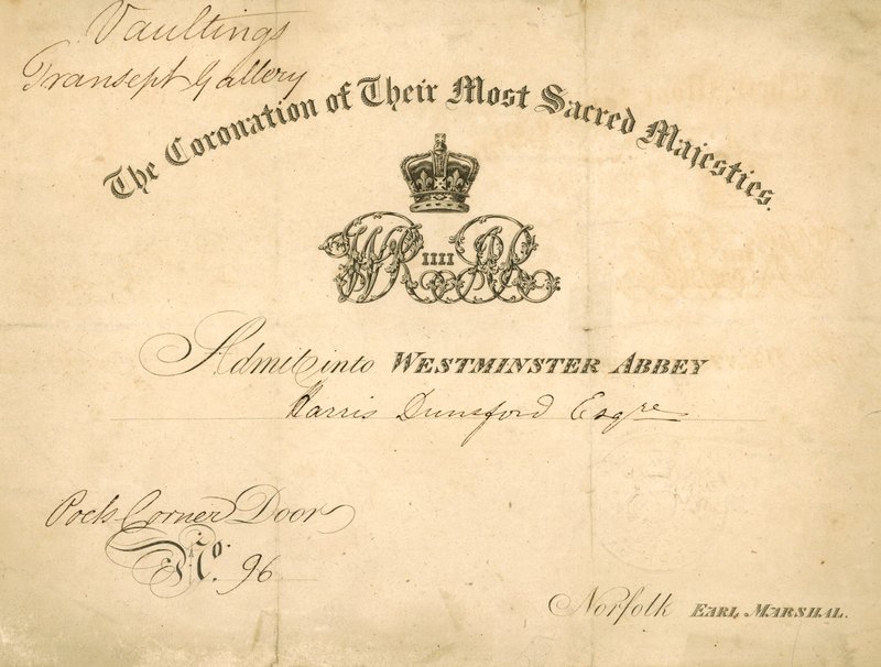 Inbjudan till kröningen av kung William IV och drottning Adelaide av English School