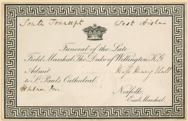 Inbjudan till begravningen av Arthur Wellesley, hertigen av Wellington, vid St Pauls Cathedral av English School