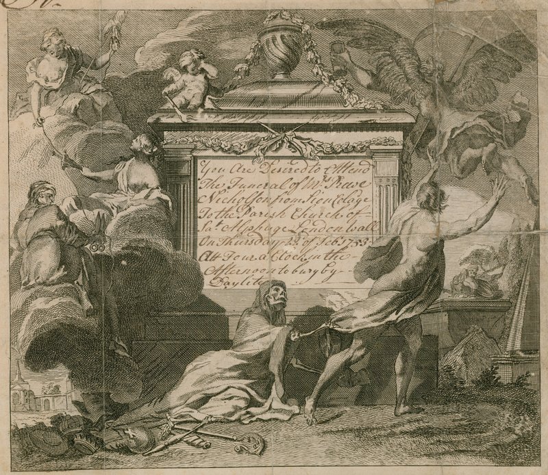 Inbjudan till Mr Nicholsons begravning på St Alphage, London Wall, 1753 av English School