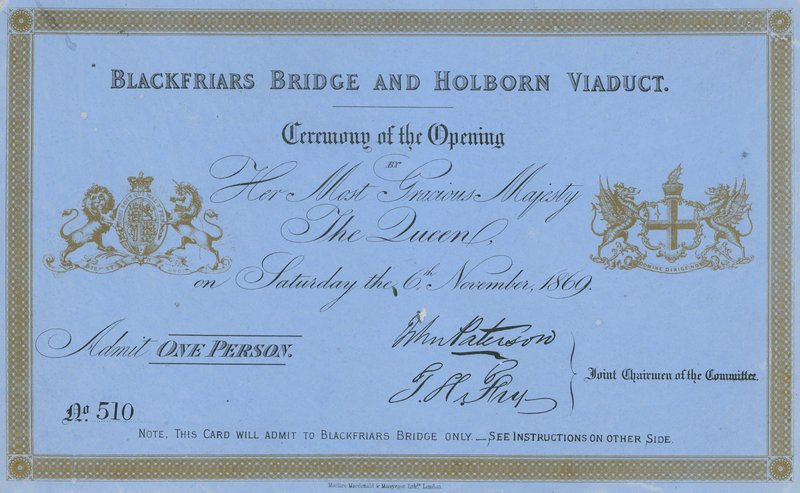 Inbjudan till öppningen av Blackfriars Bridge och Holborn Viaduct av English School