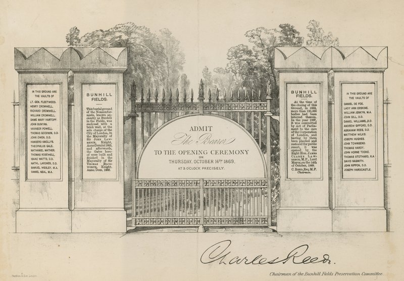 Inbjudan till invigningen av Bunhill Fields Cemetery av English School