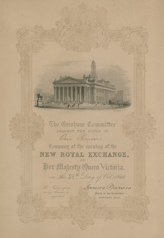 Inbjudan till öppnandet av den nya Royal Exchange, London, av Hennes Majestät Drottning Victoria den 28 oktober 1844 av English School