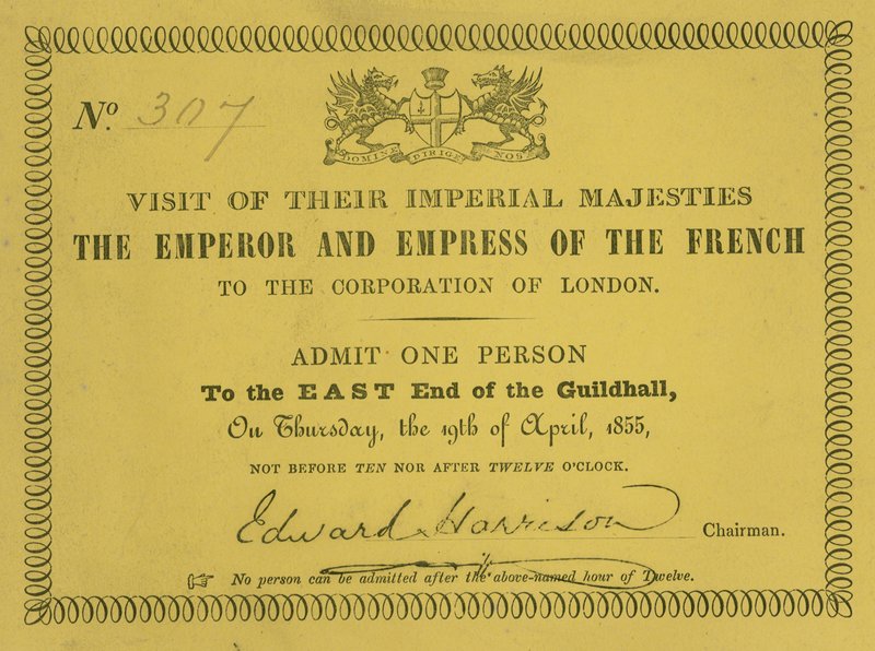 Inbjudan till besöket av deras kejserliga majestäter, fransmännens kejsare och kejsarinna, i Guildhall, London, den 19 april 1855 av English School