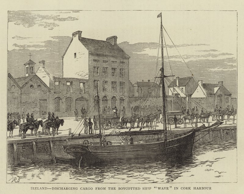 Irland, lossar last från det bojkottade skeppet "Wave" i Cork Harbor (gravyr) av English School