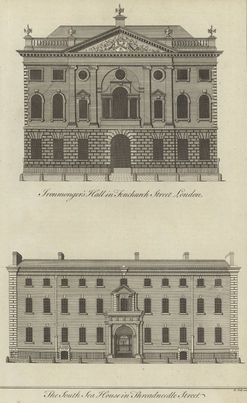 Ironmongers Hall, Fenchurch Street och South Sea House, Threadneedle Street, London av English School